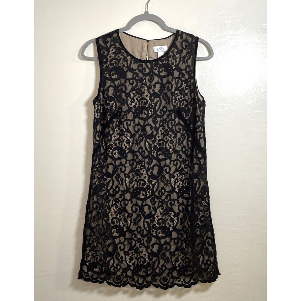 LOFT Women’s Black & Beige Floral Lined Lace Dress Size 8 Cocktail Party